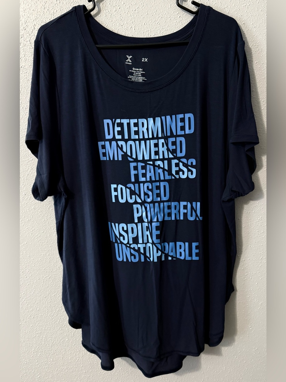 Xersion Navy Short Sleeve Tee with Light Blue Motivational Print
